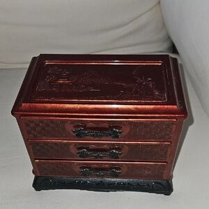 Vintag Asian Burgundy Celluloid 3 Drawer Jewelry Box Ornate Dragon Handles